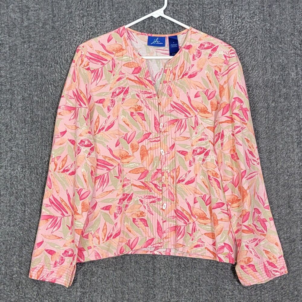 J H Collectibles Blouse Womens Medium Pink Floral Linen Blend Button Front Shirt